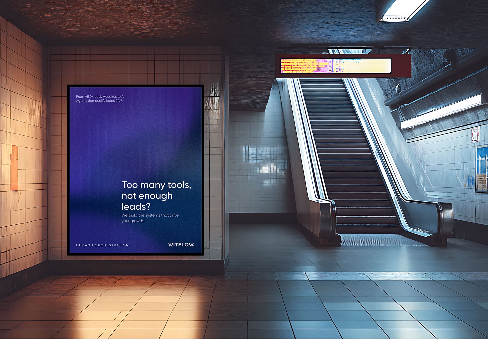 WitFlow — Demand orchestration for the AI search era. Advertisement in a city metro station.
